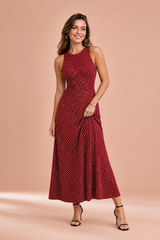 Langes rückenfreies Polka-Dot-Kleid