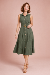 Militärgrünes Kleid mit Hemdkragen und Gürtel
