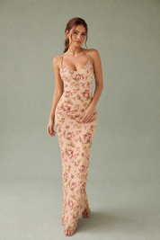 Robe longue abricot fleurie dos nu | Vue de face | Lounelle Paris