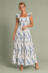 Robe longue écru mit floralem Print und quadratischem Ausschnitt
