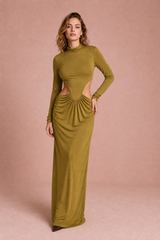 Langes olivfarbenes Kleid mit Stehkragen