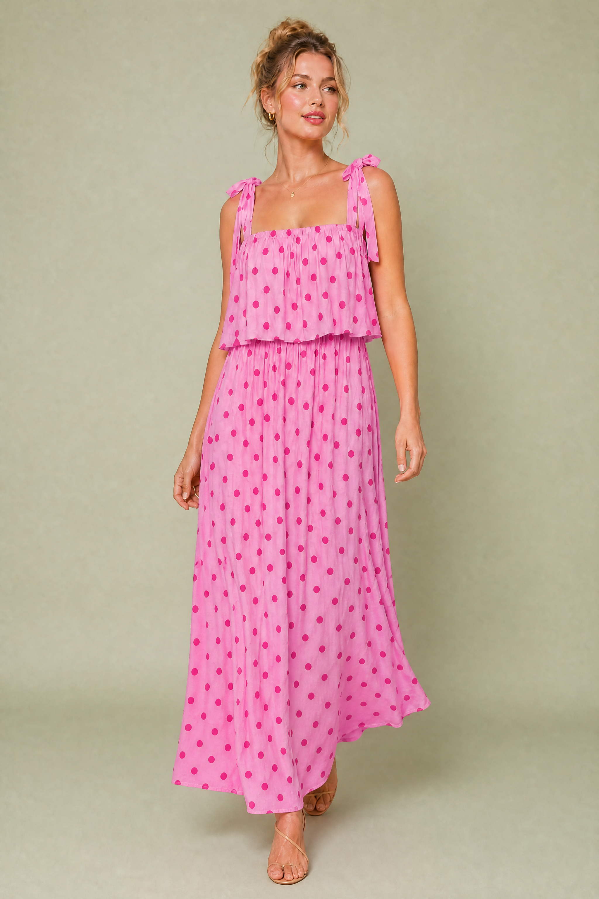 Robe longue rose à pois | Vue en mouvement | Lounelle Paris