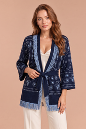 Gilet bleu marine col V franges | Vue rapprochée | Lounelle Paris