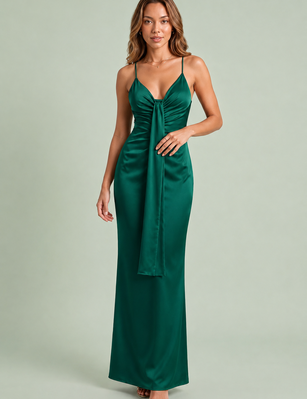 Drapiertes V-Ausschnitt-Langkleid