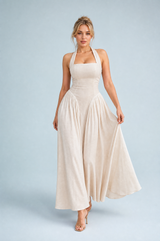 Langes apricot Halterneck-Kleid rückenfrei