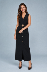 Langes V-Ausschnitt-Kleid mit Gürtel