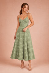 Langes grünes Punktekleid mit Trägern