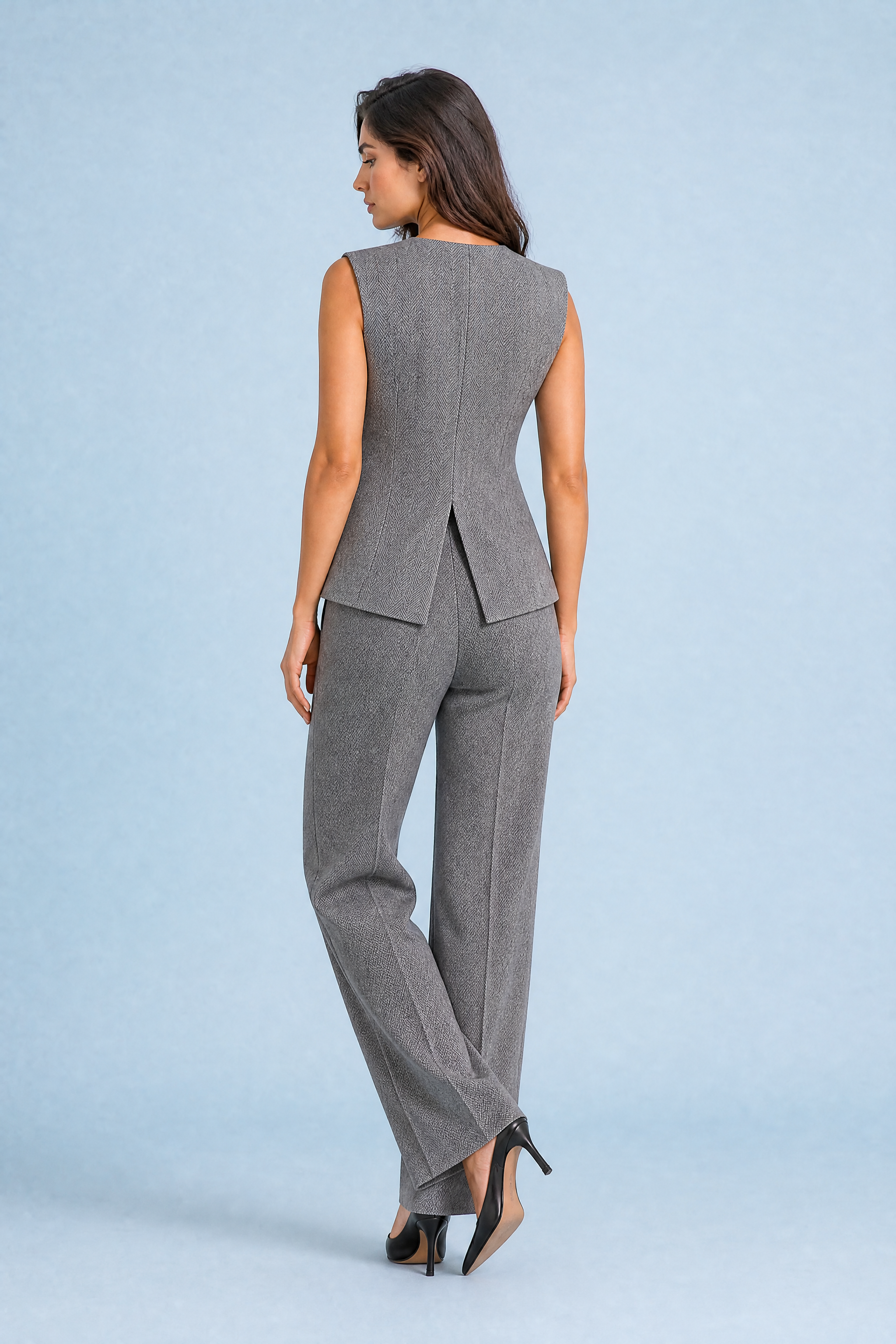 Ensemble gris à chevrons ceinturé | Vue de dos | Lounelle Paris