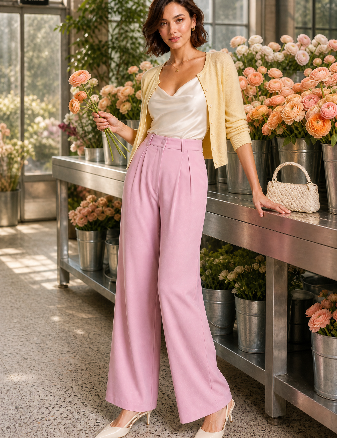 Pantalon large taille haute fluide | Photo lifestyle | Lounelle Paris