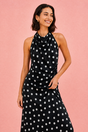 Robe noire à pois col halter | Vue rapprochée | Lounelle Paris