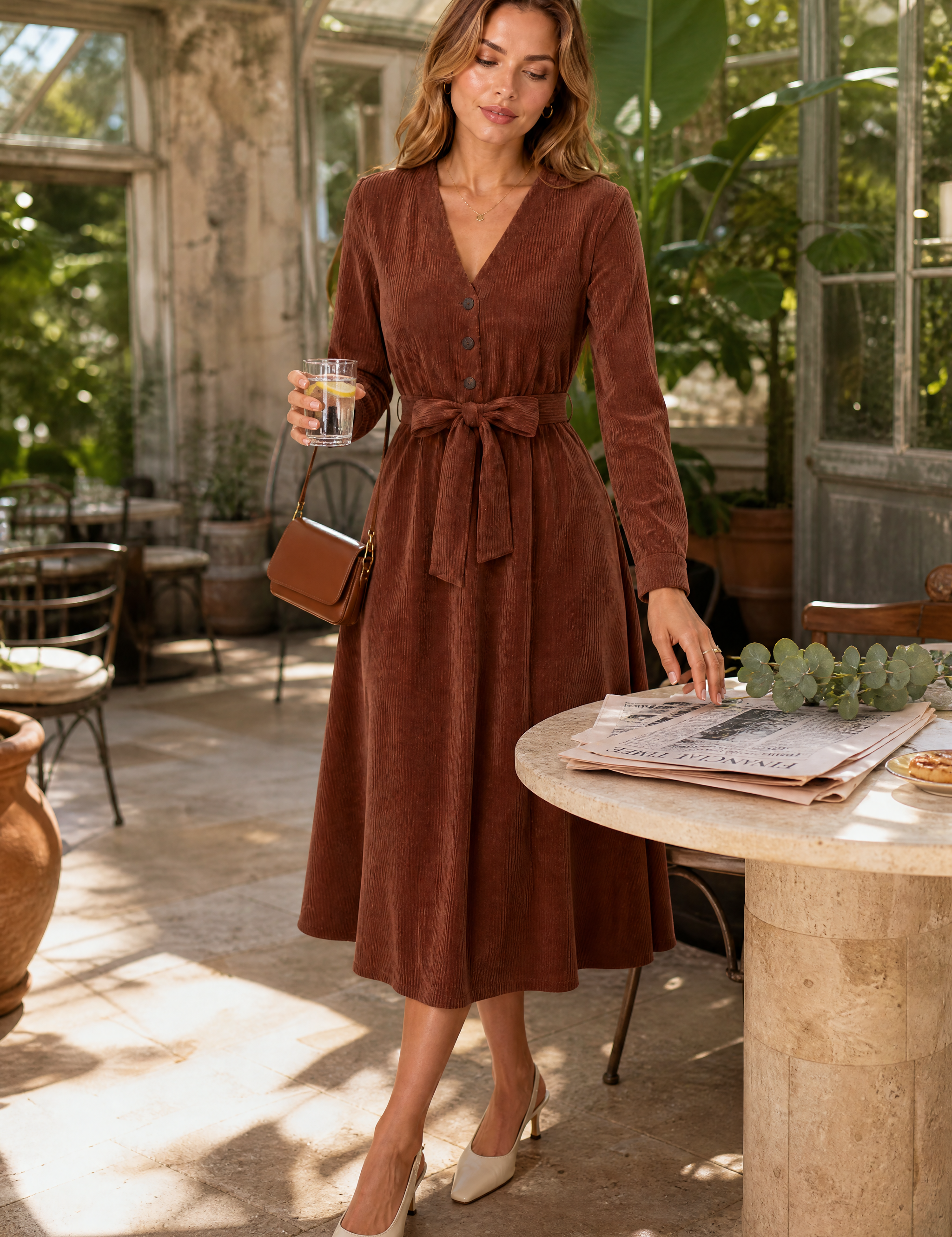 Robe marron col V velours côtelé | Photo lifestyle | Lounelle Paris