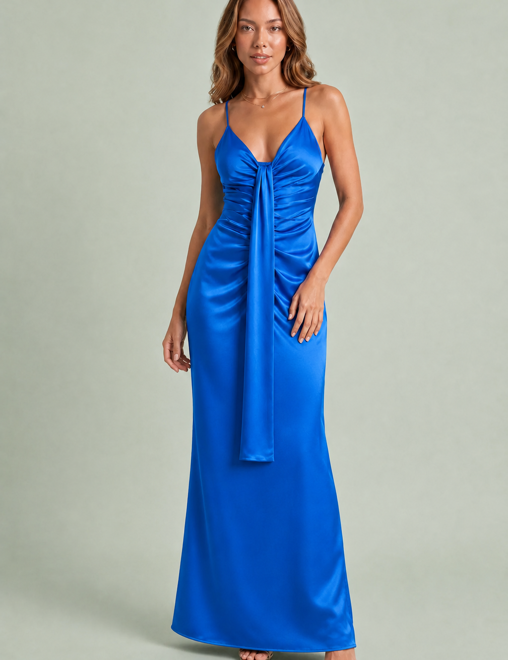 Drapiertes V-Ausschnitt-Langkleid