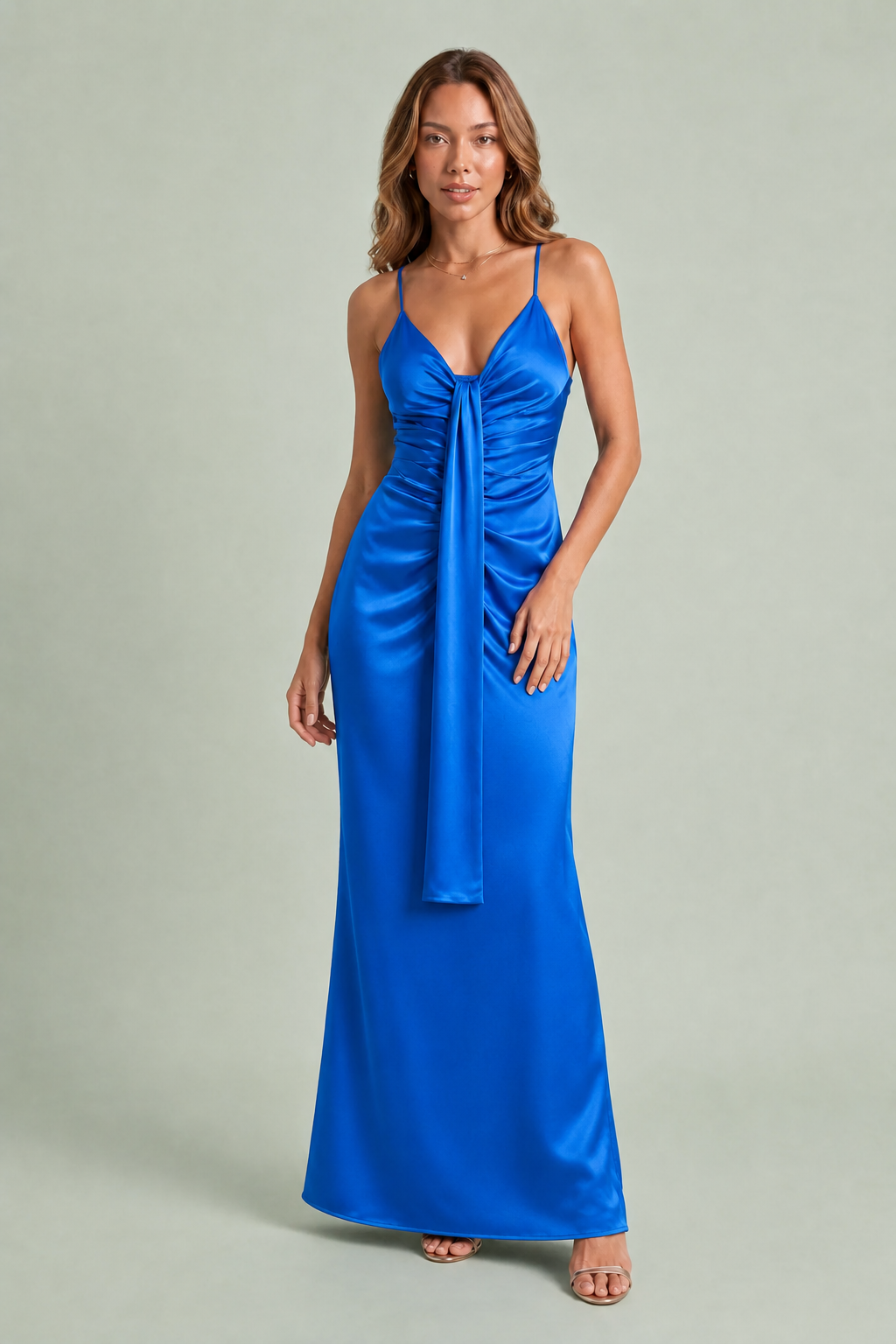 Drapiertes V-Ausschnitt-Langkleid