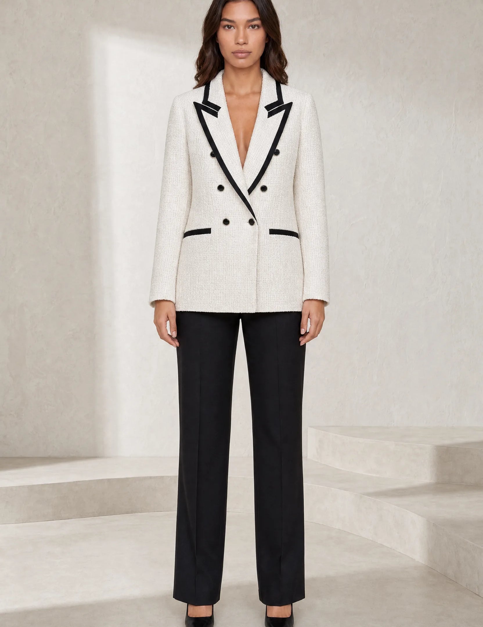 Blazer blanc tweed à contraste noir | Lounelle Paris