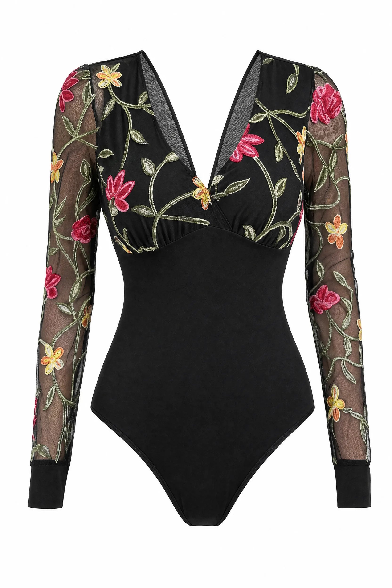 Body noir col V manches brodées | Lounelle Paris