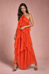 Robe longue dos nu à volants