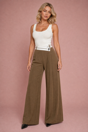 Pantalon large taille haute croisée | Variante Moka | Lounelle Paris