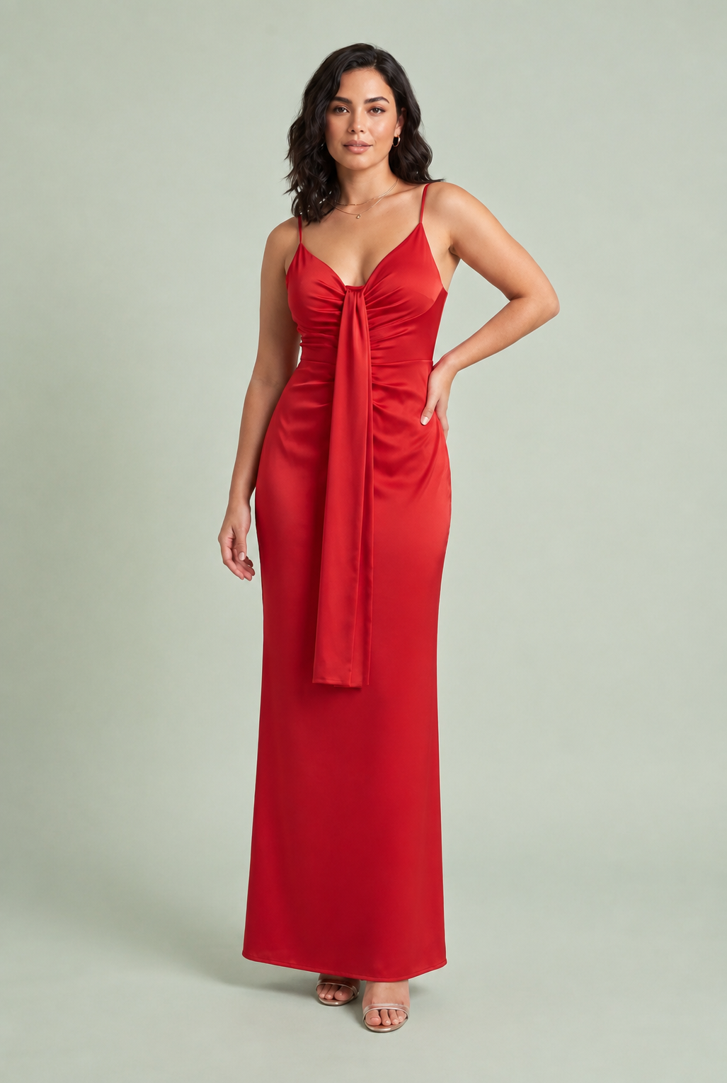 Drapiertes V-Ausschnitt-Langkleid