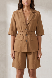 Ensemble camel ceinturé en lin | Lounelle Paris