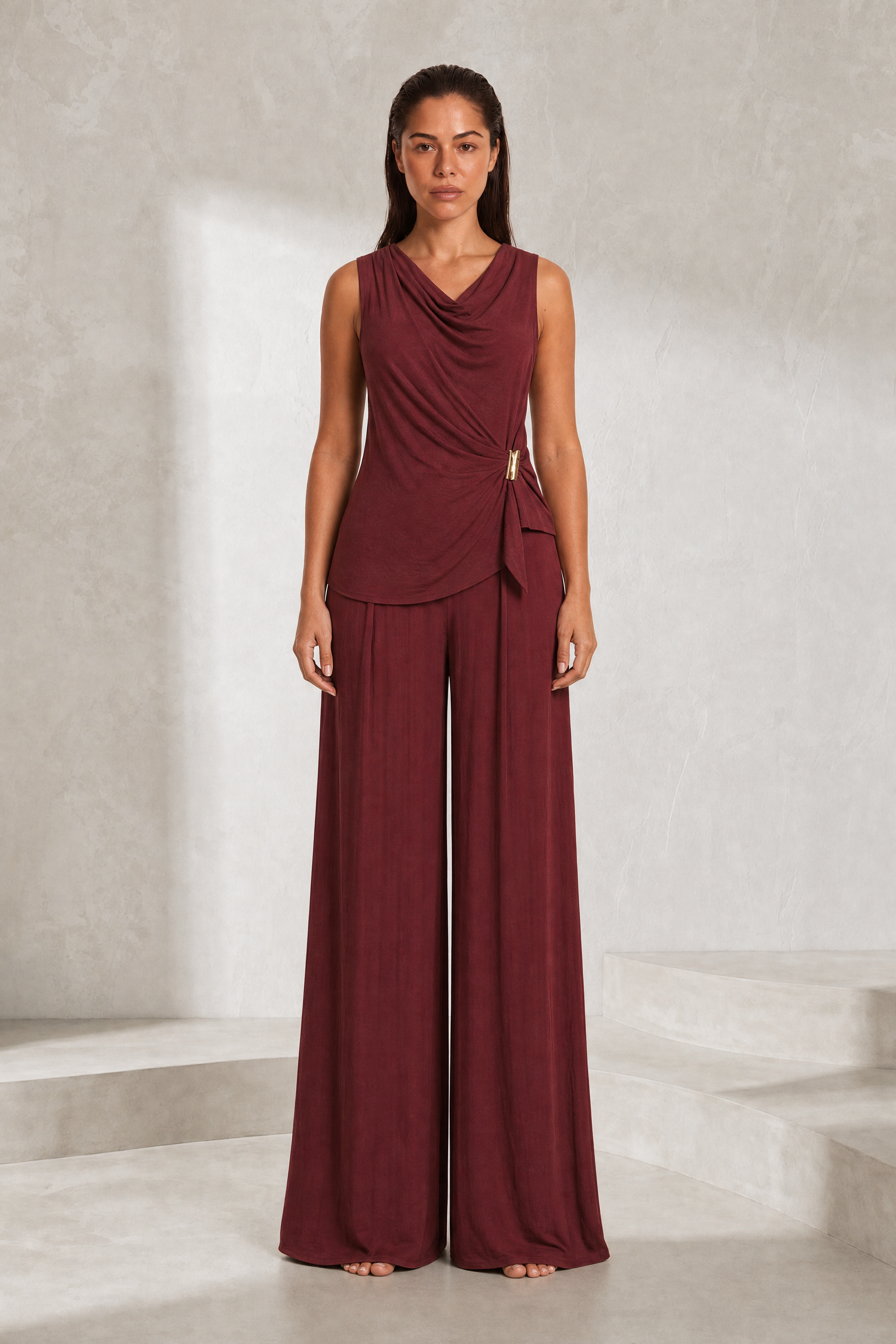 Ensemble bordeaux col drapé asymétrique | Lounelle Paris