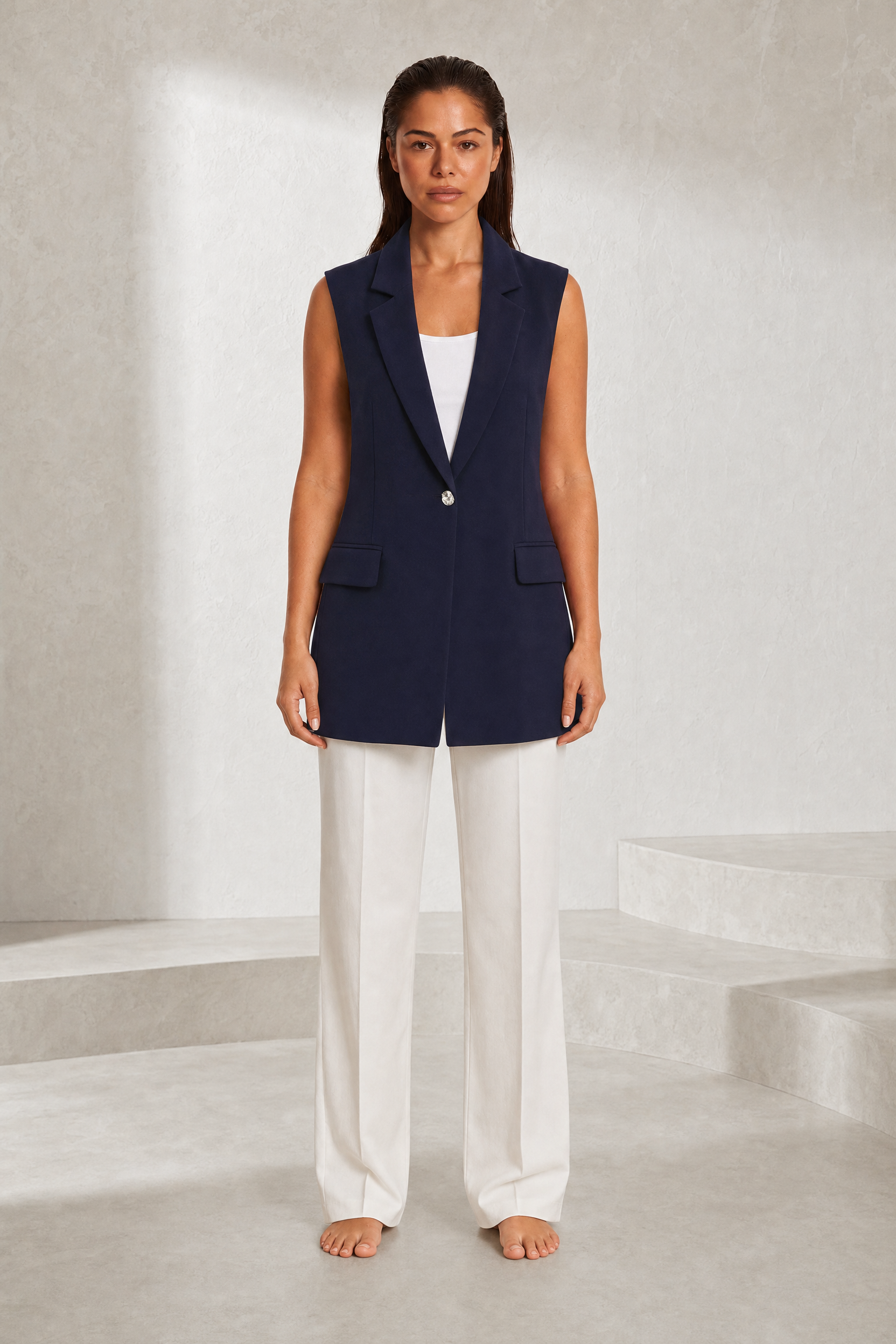 Gilet long style tailleur col en V | Lounelle Paris