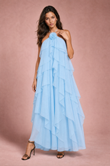 Robe longue dos nu à volants