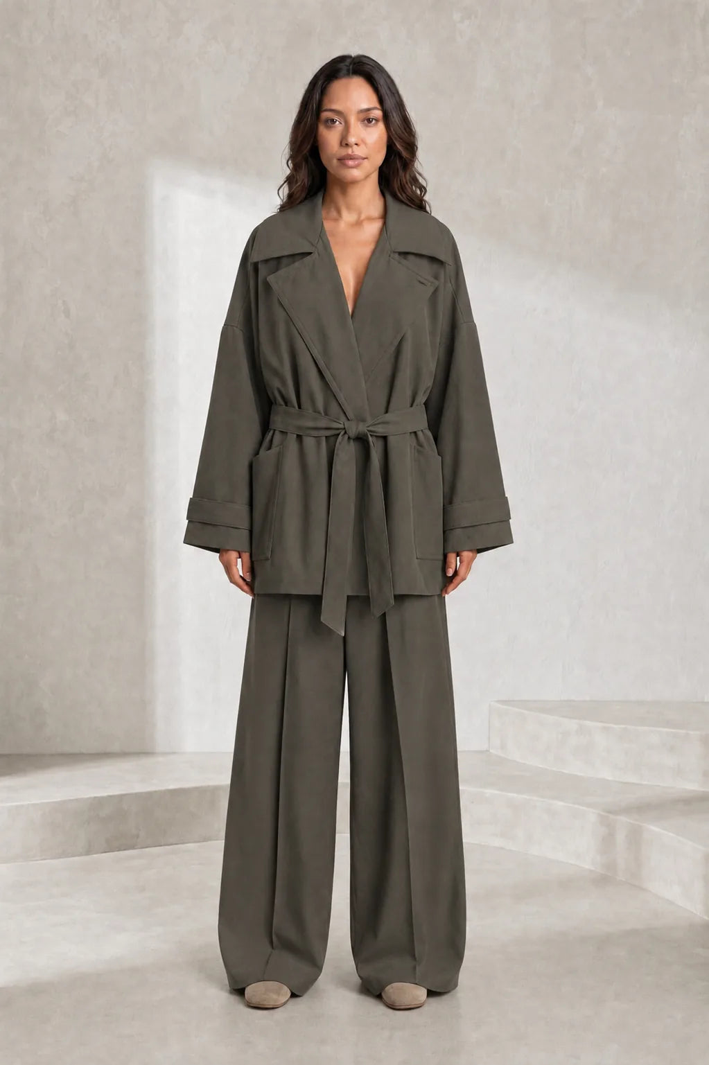 Ensemble gris trench et pantalon large | Lounelle Paris
