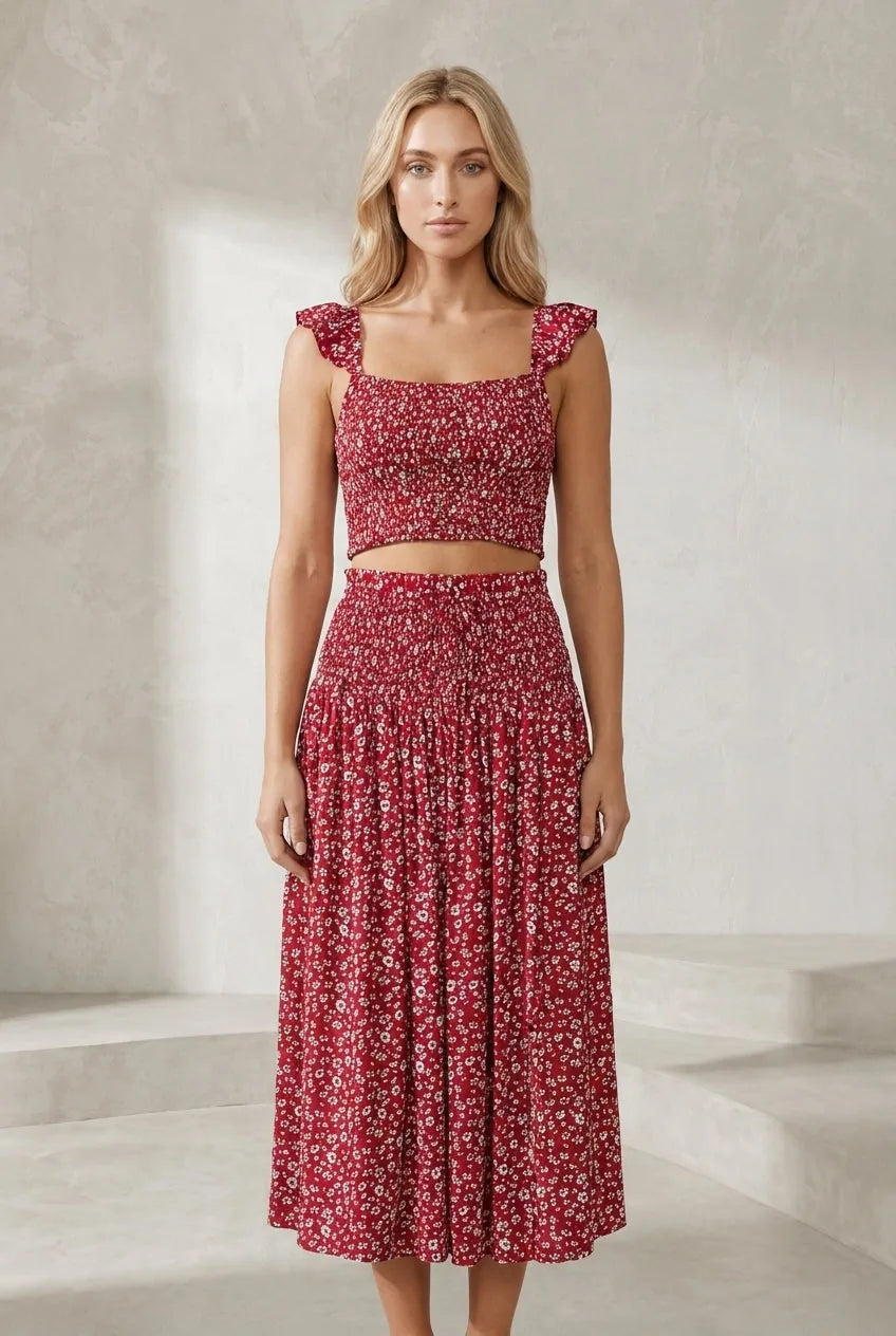 Ensemble jupe rouge imprimé floral | Lounelle Paris
