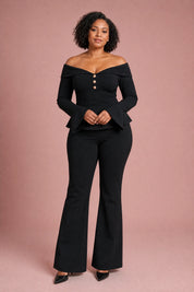 Ensemble pantalon noir à épaules dénudées | Porté sur une autre silhouette | Lounelle Paris