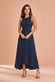 Robe longue à pois dos nu | Variante Bleu marine | Lounelle Paris