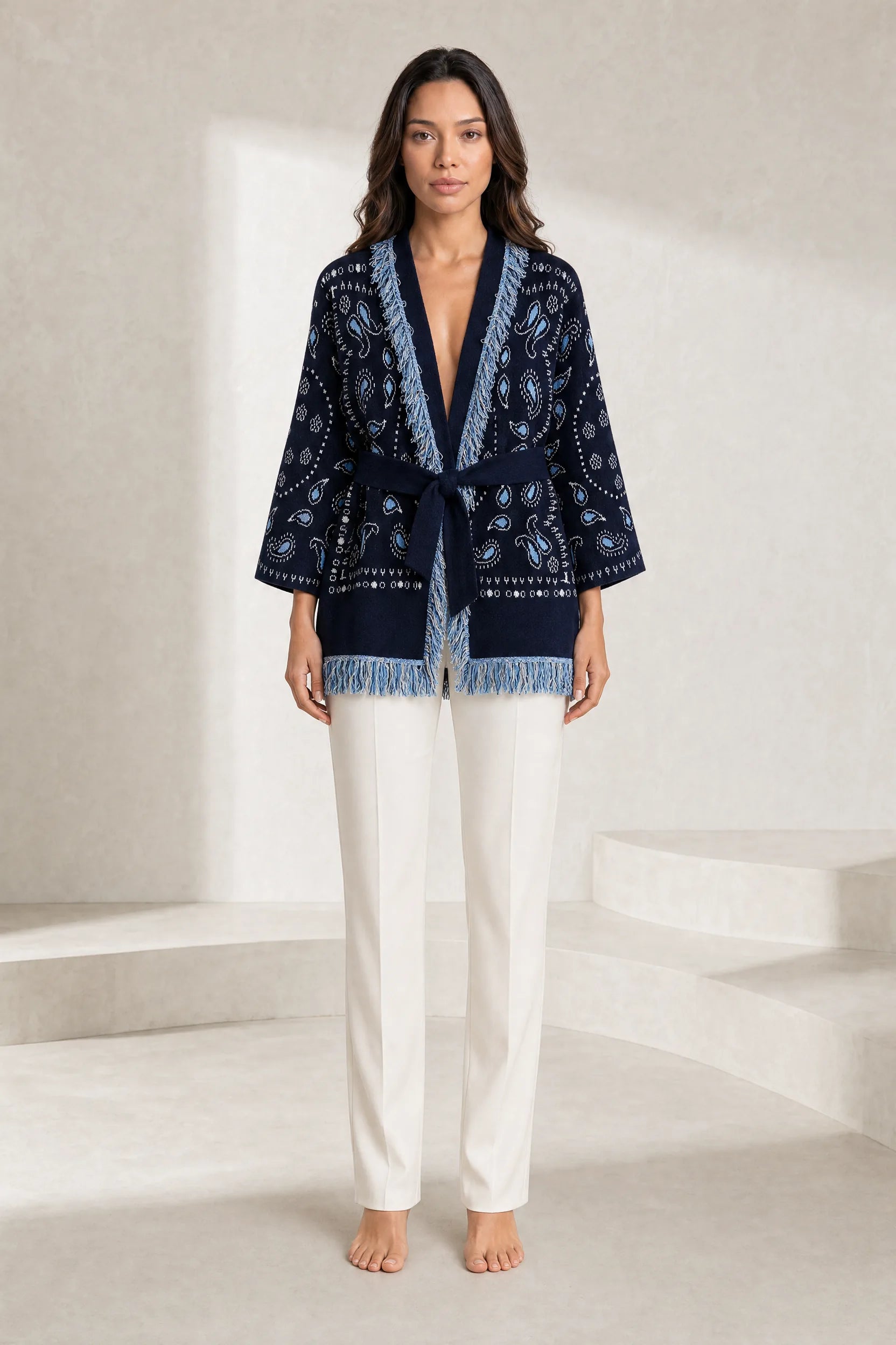 Gilet bleu marine col V franges | Lounelle Paris