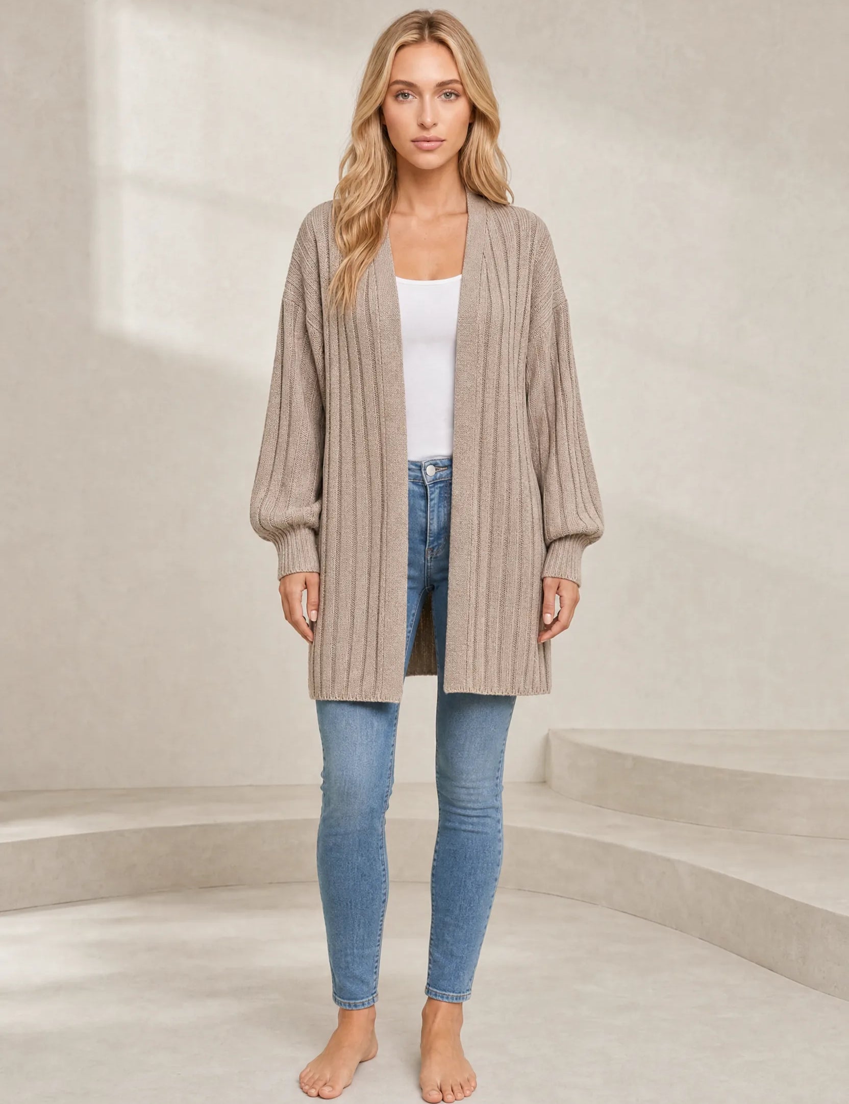 Gilet long beige manches bouffantes | Lounelle Paris