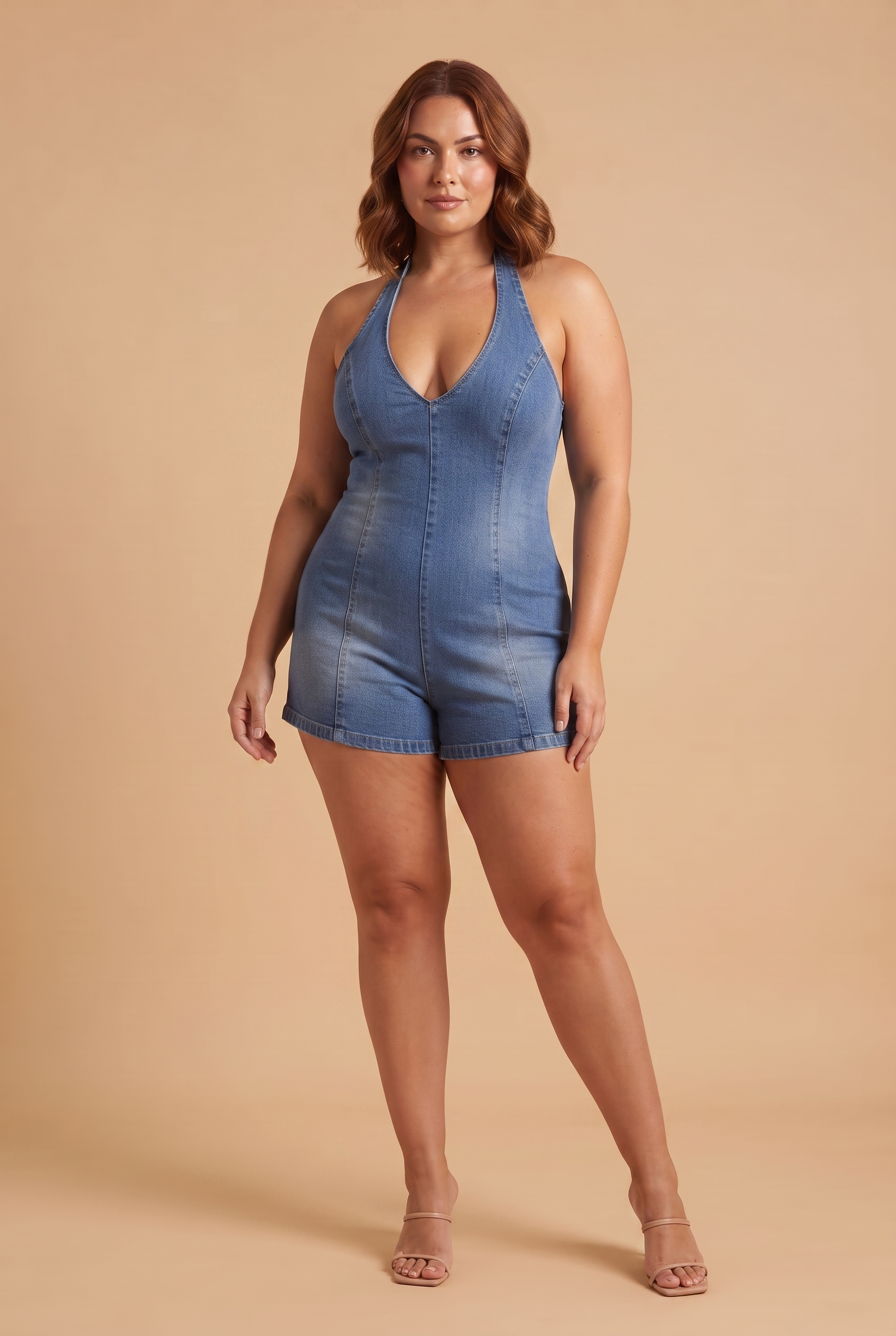 Combishort bleu col licou dos nu | Porté sur une silhouette plus ronde | Lounelle Paris
