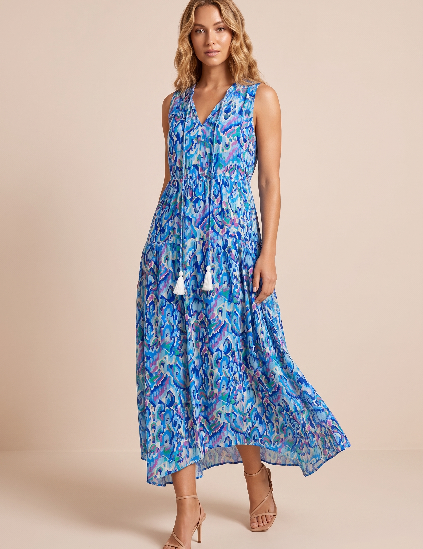 Robe imprimée col V franges | Vue de face | Lounelle Paris