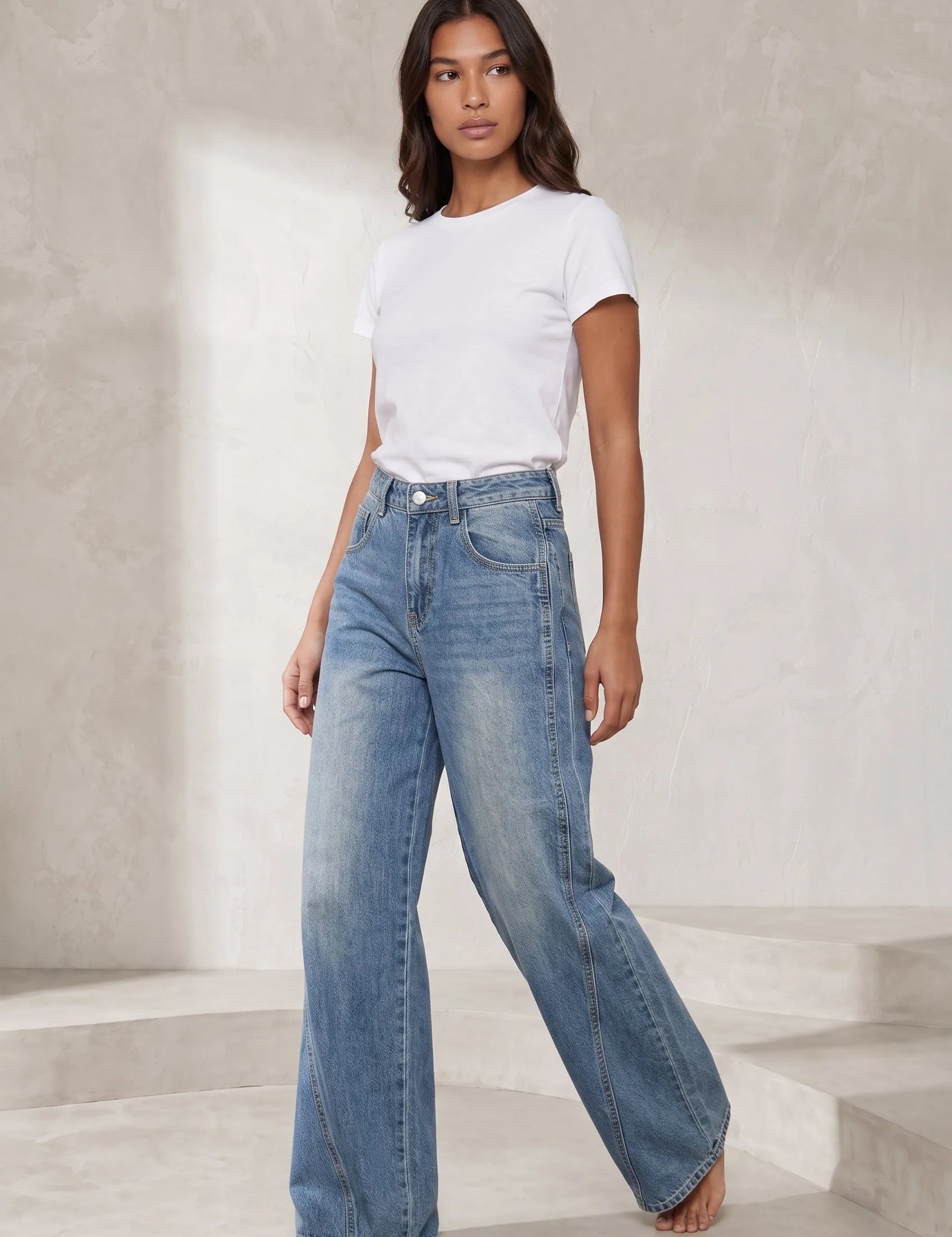 Jean bleu coupe ample taille mi-haute | Lounelle Paris