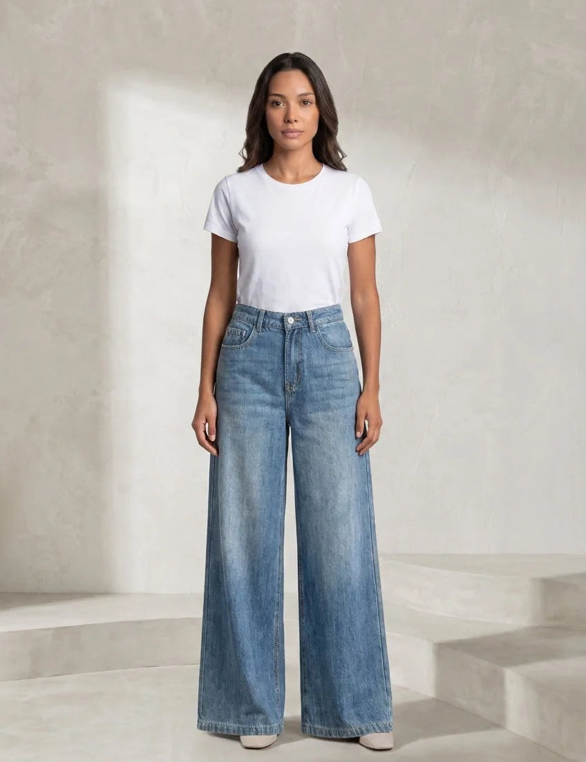 Jean bleu coupe ample taille mi-haute | Lounelle Paris