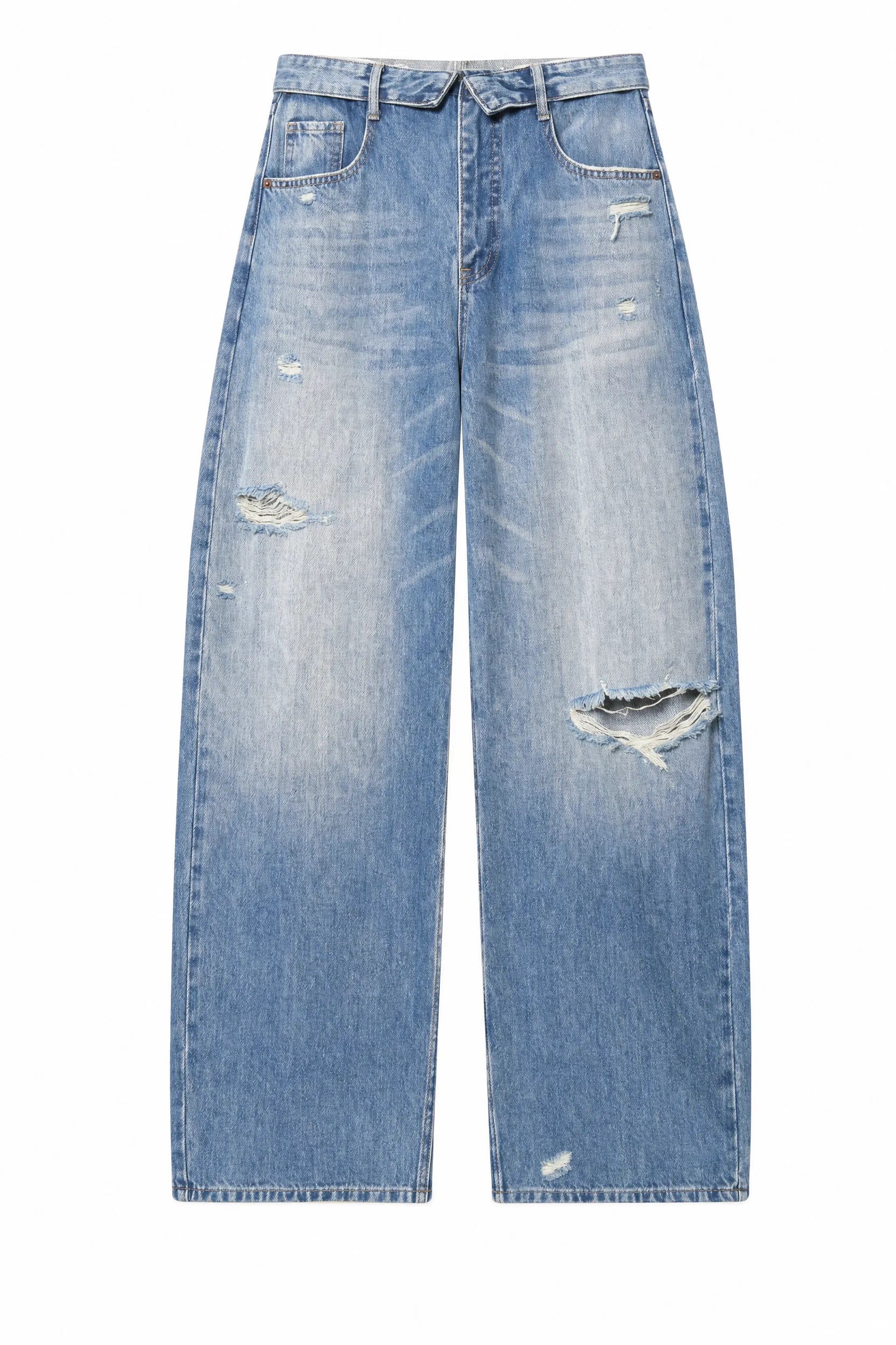 Jean bleu moyen jambe large taille repliée | Lounelle Paris