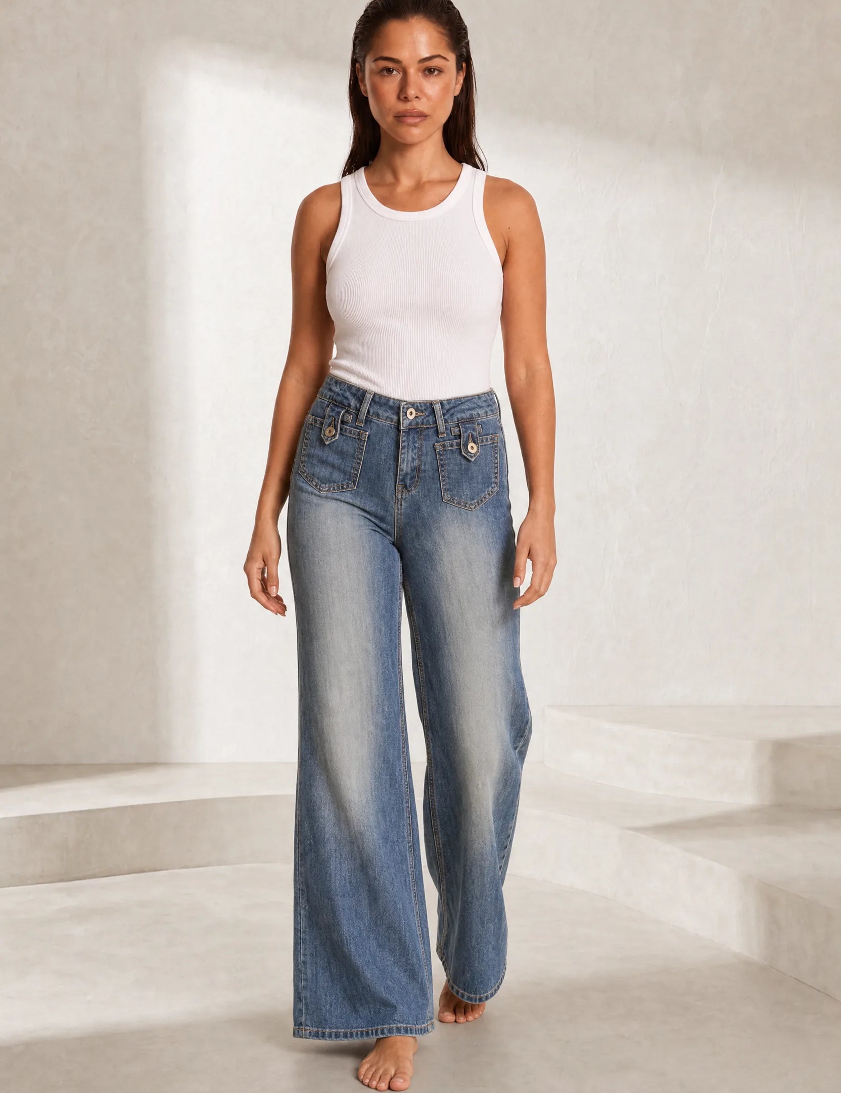Jean bleu taille haute évasé | Lounelle Paris