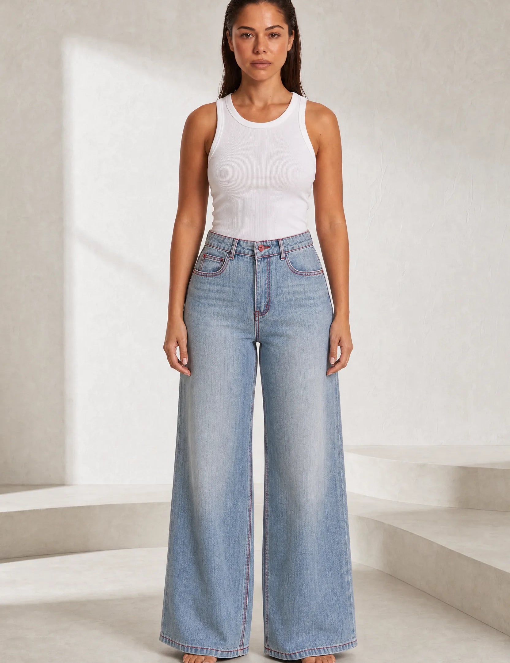 Jean bleu taille haute jambe large | Lounelle Paris