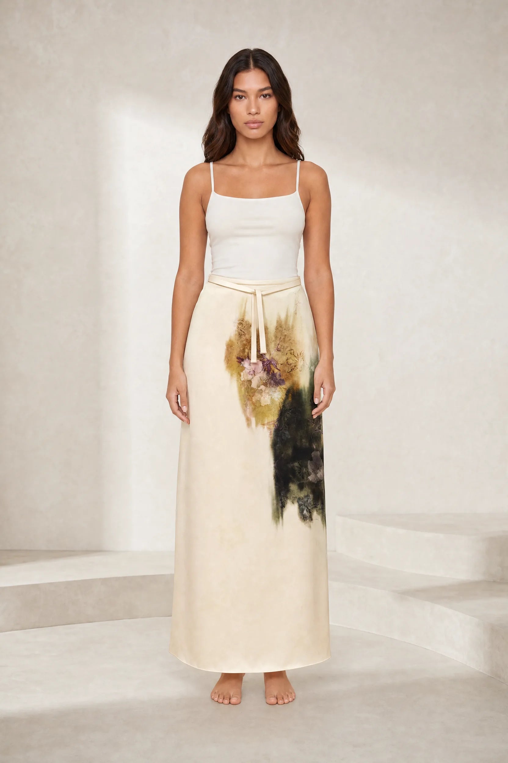 Jupe longue beige imprimé floral | Lounelle Paris