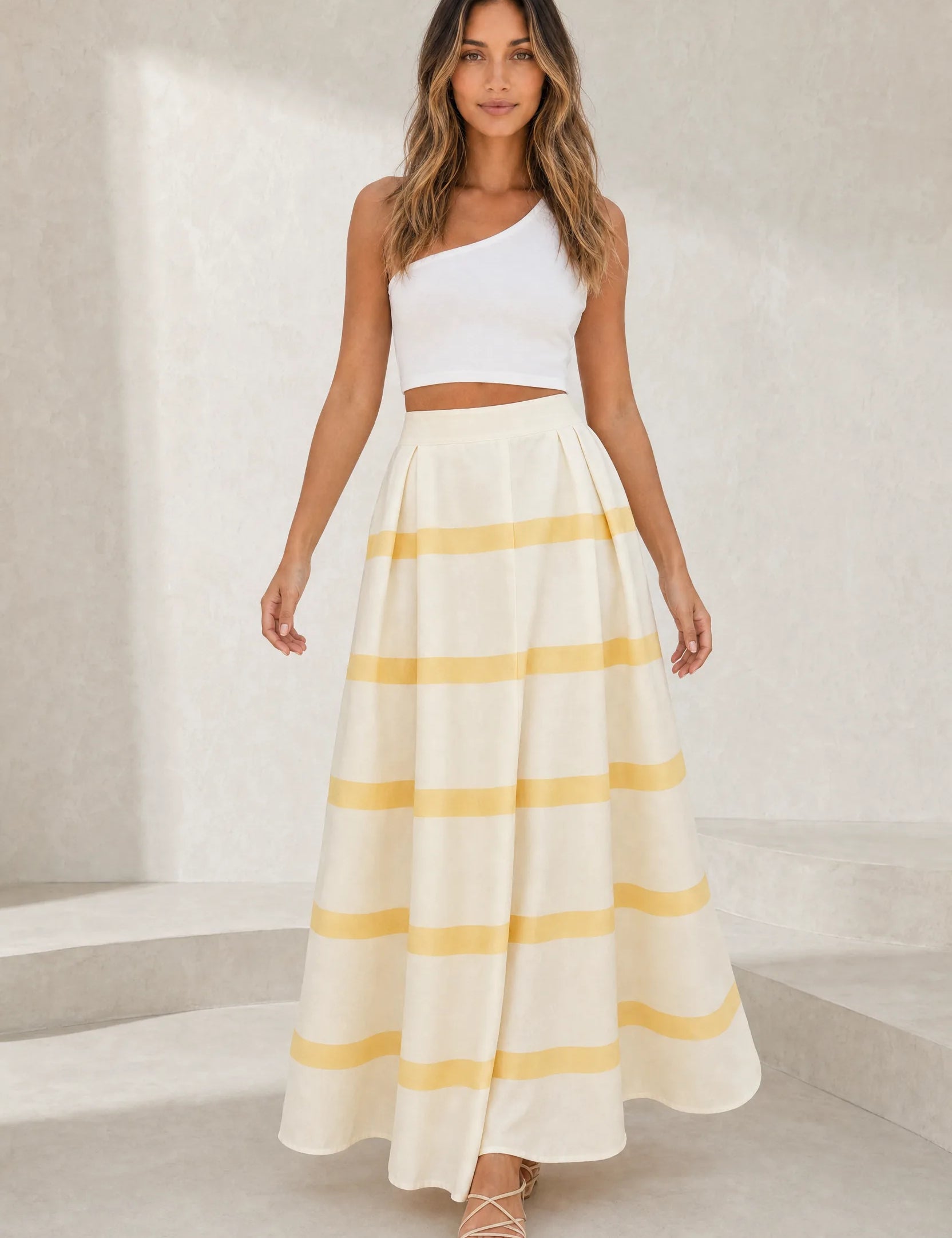 Jupe longue jaune rayée taille haute | Lounelle Paris