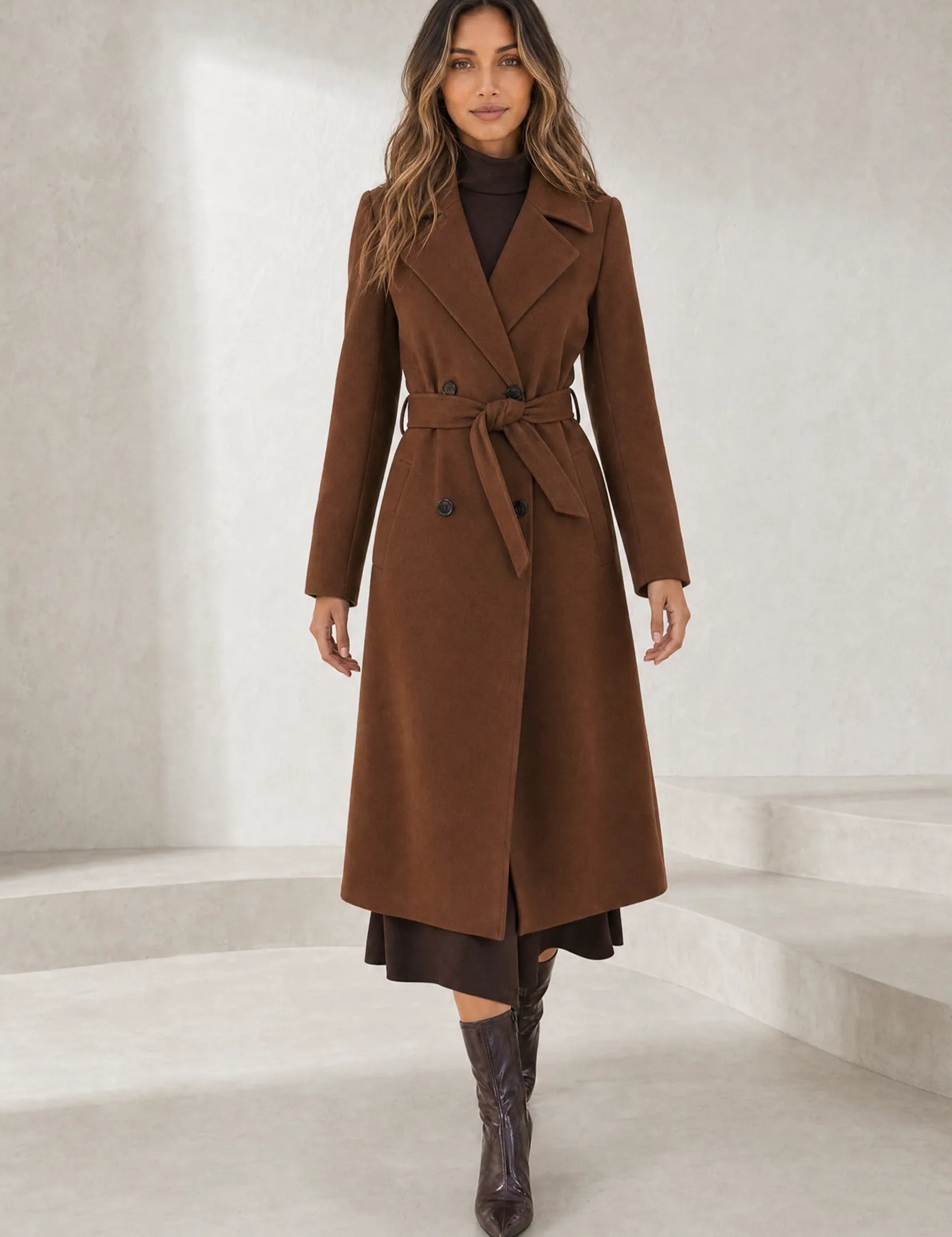 Manteau long marron ceinturé | Lounelle Paris