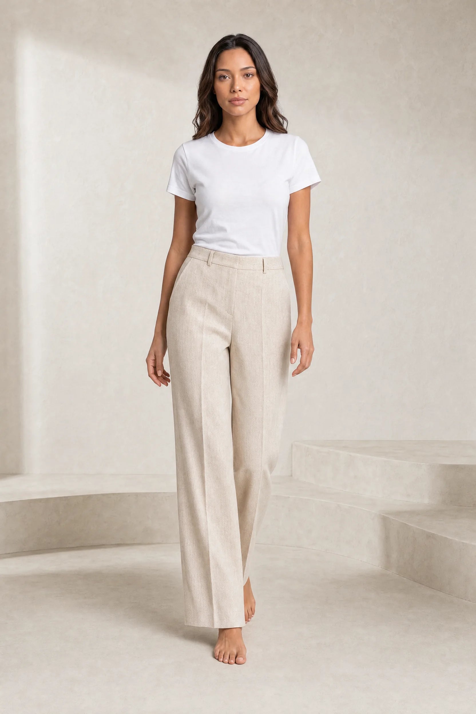 Pantalon beige coupe droite plissé | Lounelle Paris