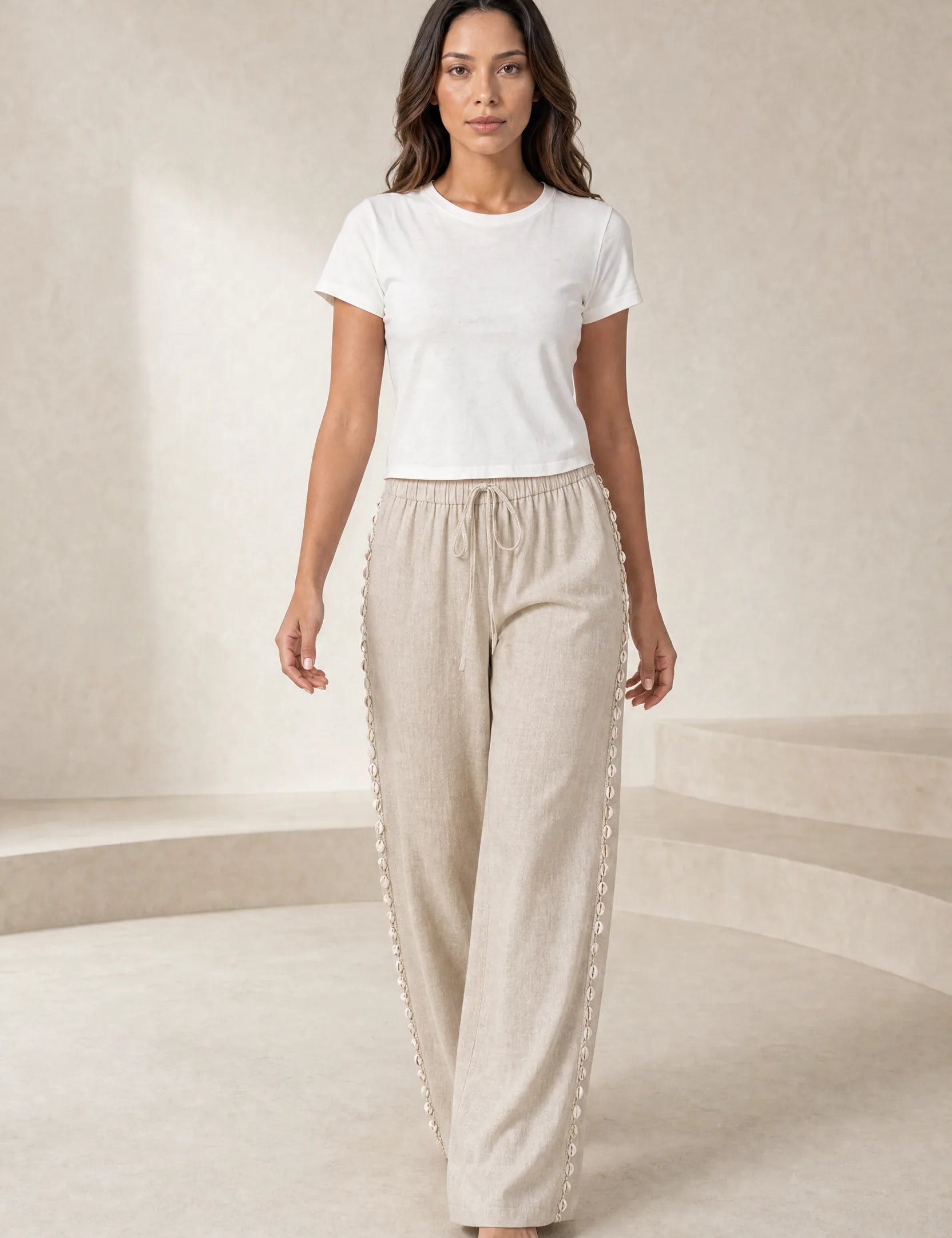 Pantalon large beige à coquillages | Lounelle Paris
