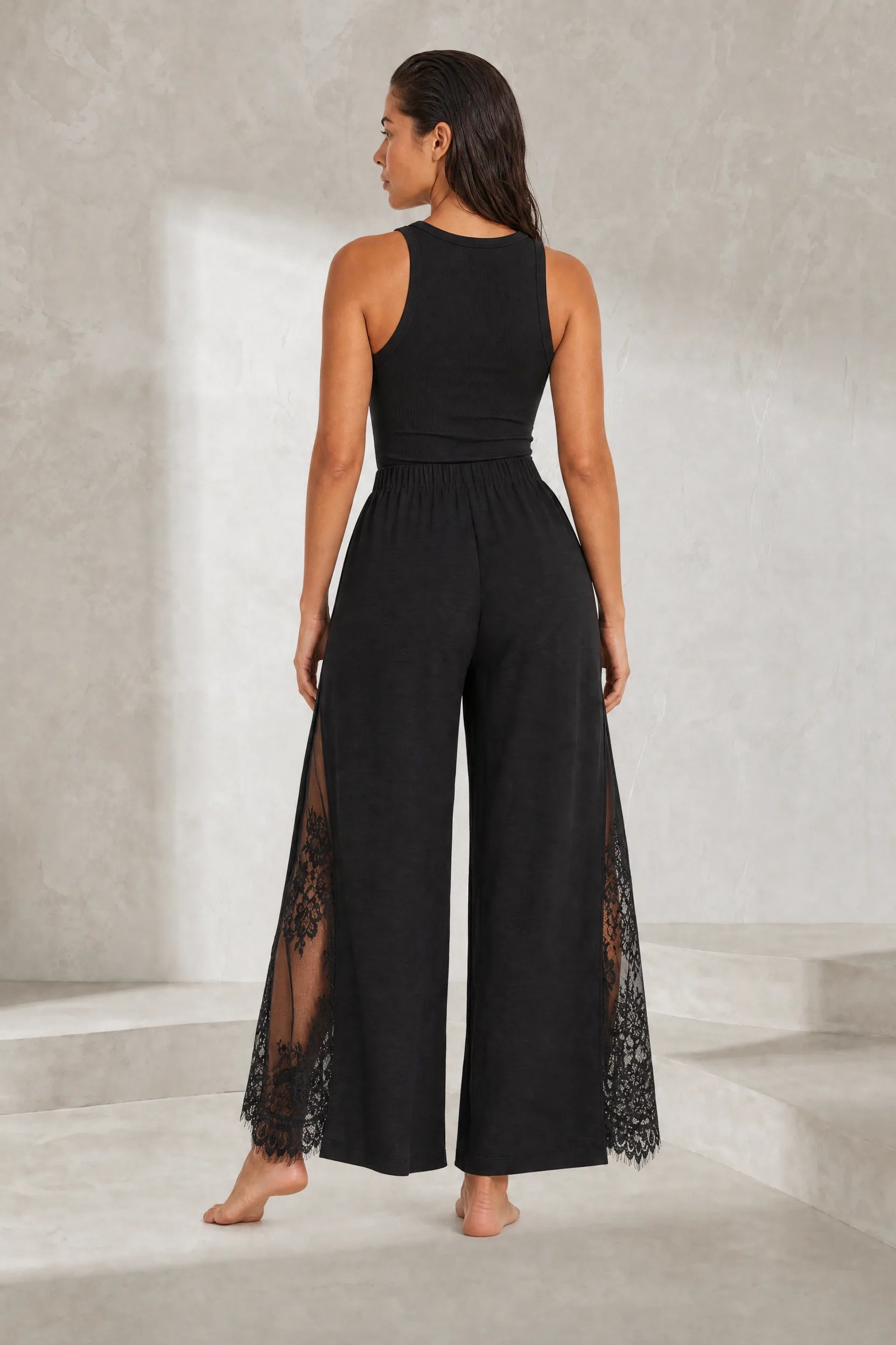 Pantalon large noir taille haute dentelle | Lounelle Paris
