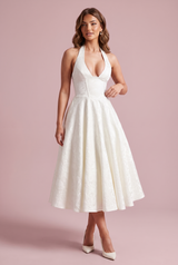 Jacquard-Halterneck-Midikleid in Offwhite
