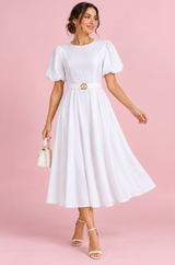 Weißes hochgeschlossenes Midikleid mit Puffärmeln