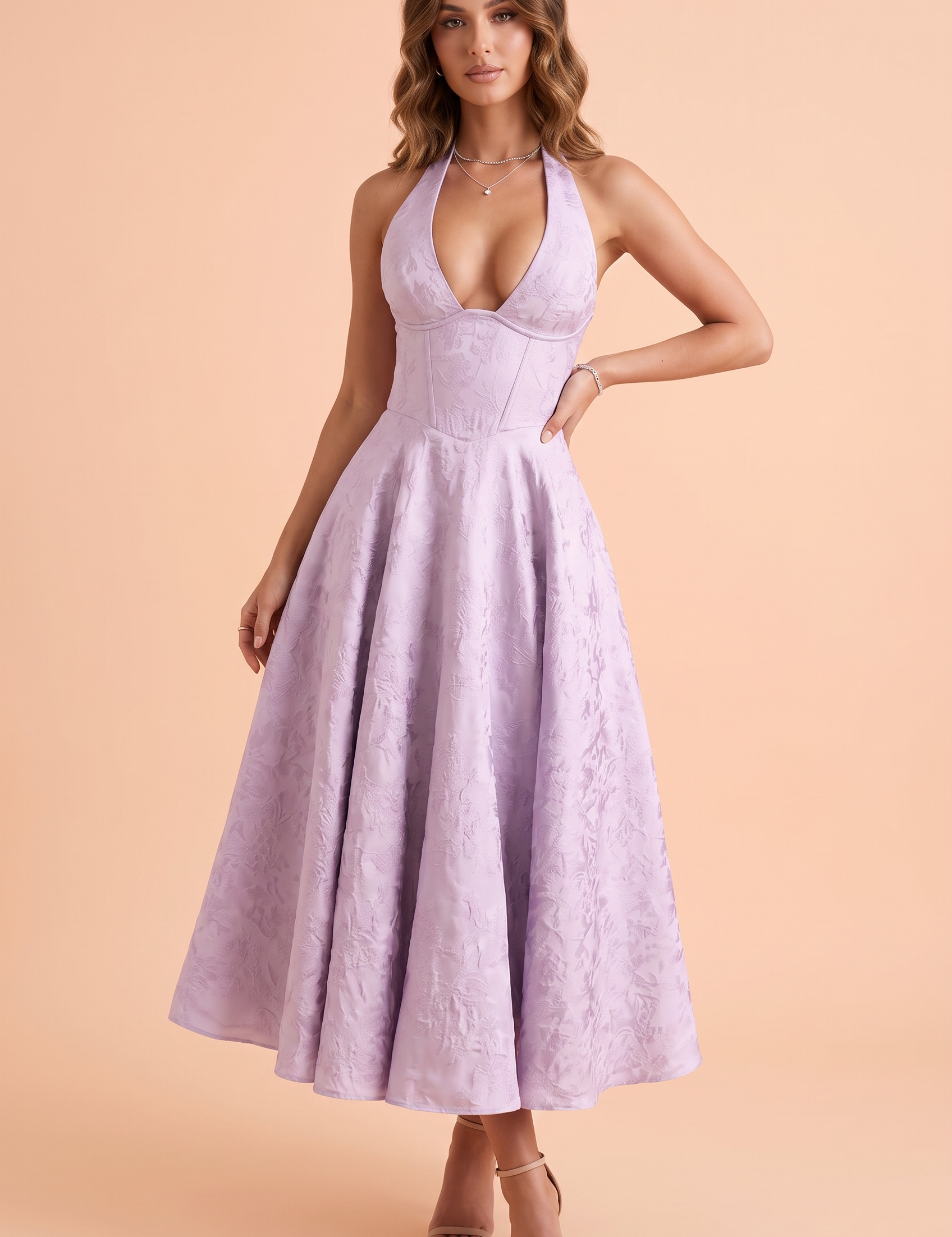 Robe midi violette en dentelle à décolleté plongeant | Vue de face | Lounelle Paris