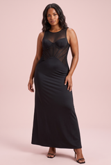 Schwarzes Bustierkleid mit Mesh-Einsätzen