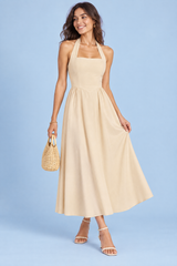 Beiges Neckholder-Midikleid in A-Linie